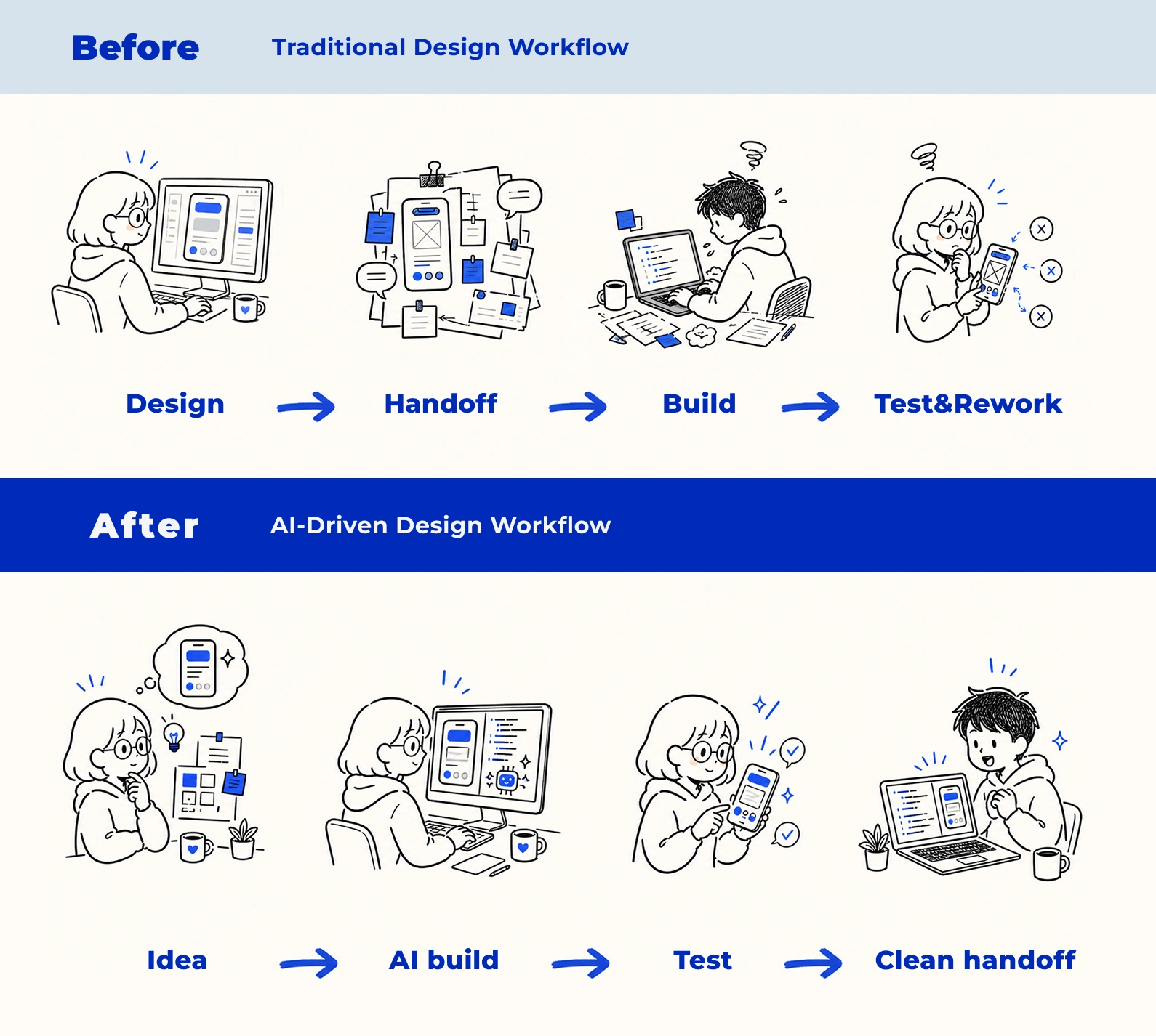 Before and after workflow illustration comparing traditional product design handoff with AI-assisted working demo creation.