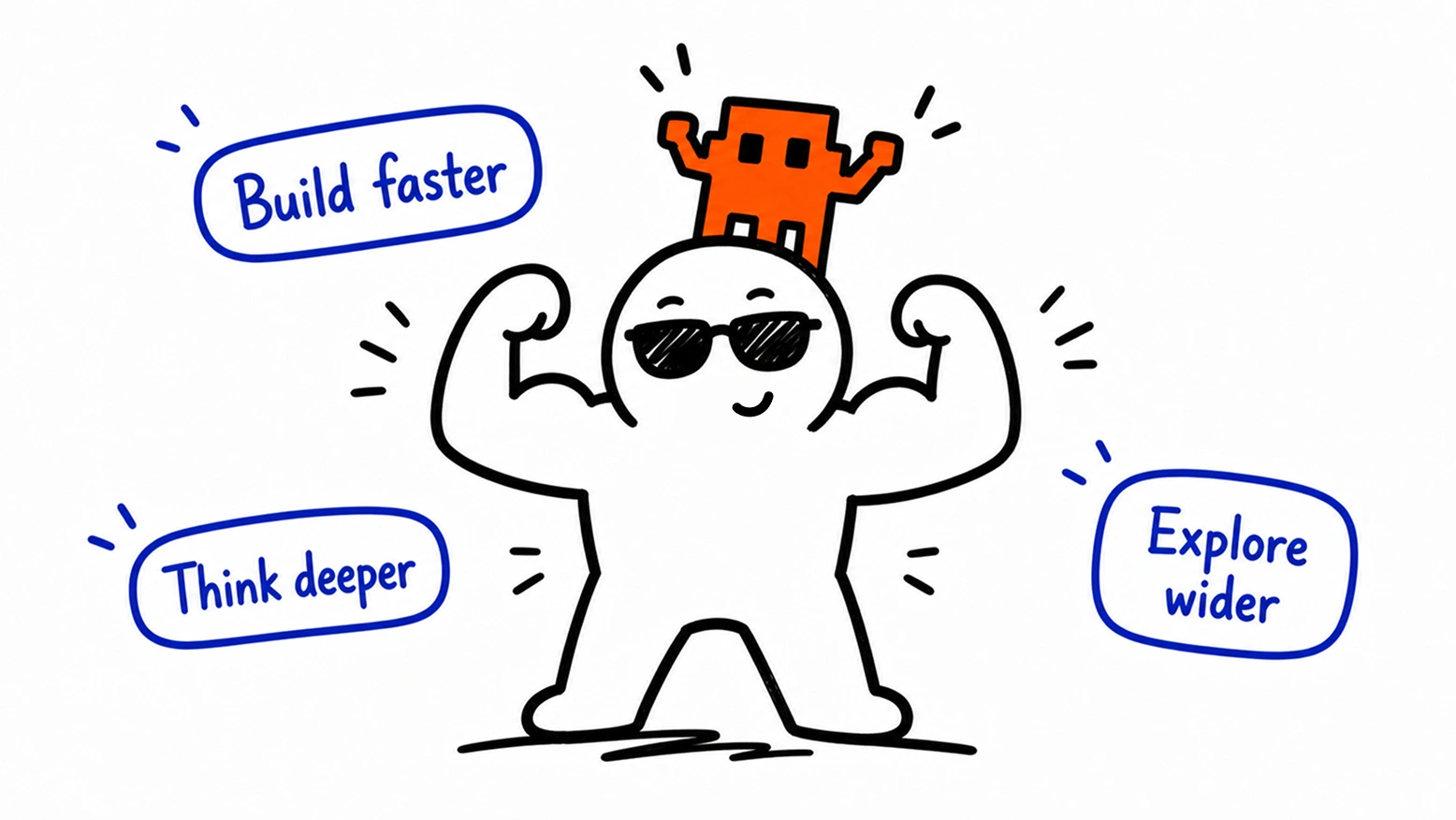 Hand-drawn outcome illustration showing a human designer and an orange Claude character high-fiving, with labels for faster validation, aligned details, and reusable workflow.